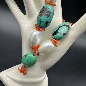 Turquoise Coral Statement Necklace Faux Pearls Southwestern Festival Jewelry